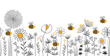 Seamless Border Background With Hand Drawn Bees, Flowers, Leaves And Wild Herbs In A Wildflower Meadow. Vector Doodle Style Floral And Nature Illustration.