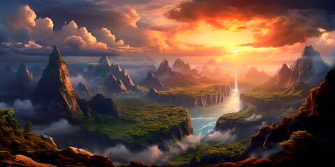 Wall Mural - with huge mountains rising above the clouds and illuminated by the rays of the sun.