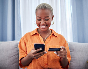 Aufkleber - Home, phone or happy black woman with credit card or phone on payment on internet website or fintech. Online shopping, finance or excited African girl typing in money transfer via mobile banking