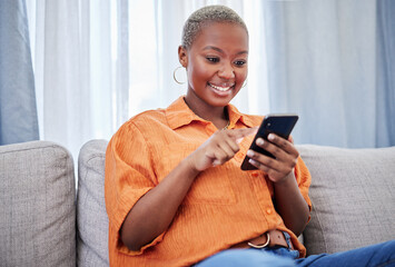 Poster - Home, phone or happy black woman on social media connected to internet with website notification. News, digital or African girl online typing or texting on networking mobile app to search content