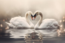 Animal, Wildlife, Love And Fantasy Concept. Two White Swans In Love Swimming In Lake. Swans Making Heart Shape From Necks In Dreamlike And Magical Background With Copy Space. Generative AI