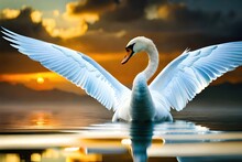 Swan In The Sunset On A Lake