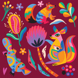 Fototapeta  - Cute abstract Australian animals, flowers and leaves. Vector illustration