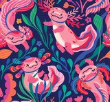 Fototapeta  - Seamless pattern with cute cartoon axolotls, pink amphibian creatures are floating in the seaweeds