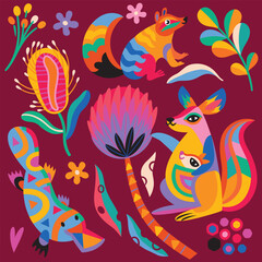 Poster - Cute abstract Australian animals, flowers and leaves. Vector illustration