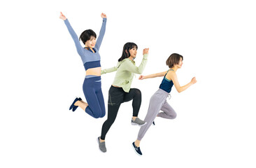 スポーツウェアを着てジャンプする女性のグループ　背景透過切り抜きPNG　（一人ずつの画像も販売しております。作成者リンクから「PNG」で検索してください）