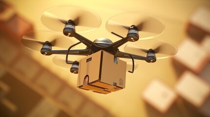 Drone parcel delivery service. Parcel with flowers and pizza. Box with online order. Air Transport. An illustration of the work of a delivery robot. Generative AI
