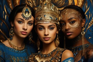 Beautiful young womans posing in tribal clothing and jewelry. Made with Generative AI