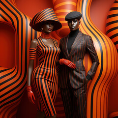 African fashion mannequins in black and orange against a striped background in orange and black.  Generative AI