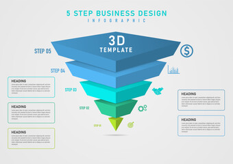 Wall Mural - 3D infographic template 5 steps triangle inverted pyramid divided into multicolored segments Several icons on the right with square frame and gray gradient background lettering for business, marketing