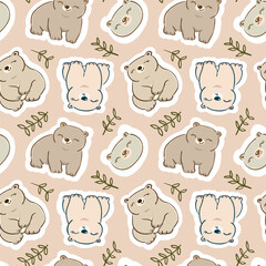  Seamless Pattern with Cartoon Bear and Leaf Design on Beige Color Background