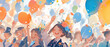 © Anciens - Many students holding balloons and bouquet are celebrating graduation or successfulness under the blue sky. Created with Generative AI technology.
