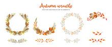 Fall Watercolor Wreaths Of Leaves, Acorns, Brunch And Berries. Vector Autumn Frame For Greeting Cards, Wedding Invitations, Quotes And Decorations