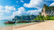 Panorama nature view scenic landscape with boat for traveler at Railay beach Krabi, Famous landmark tourist travel Phuket Thailand beach summer holiday vacation trip, Beautiful destination place Asia