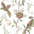 Vintage seamless pattern: birds sitting in foliage, fluttering butterflies, nest. Watercolor pattern on a white background.