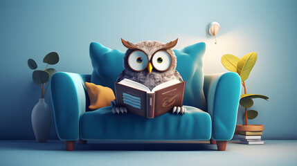 owl reading book on sofa, learning and knowladge concept, 