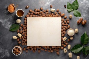 Wall Mural - Roasted beans background with coffee grains, white empty board, top view AI-Generated