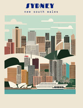 Sydney: Beautiful Vintage-styled Poster With An Australian Cityscape With The Name Sydney In New South Wales