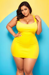 Wall Mural - Beauty curve plus size woman in a yellow mini dress on a blue background.Digital creative designer fashion art.AI illustration