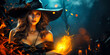 Mystical Enchantment: Beautiful Witch Girl with Book of Spells in Dark Forest