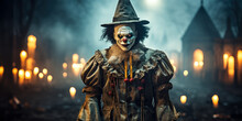 Twisted Circus: Sinister Male Ghost Clown In Halloween Fall Setting