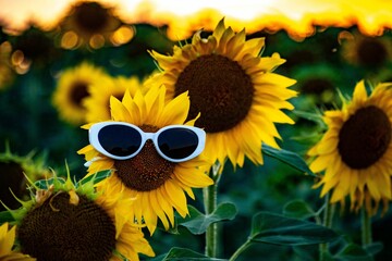 Poster - Artistic photography of a sunflower wearing glasses in a field during a summer sunset