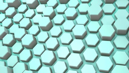 Poster - Light blue 3d dynamic hexagons. Rendering animation. Video background and screensaver.
