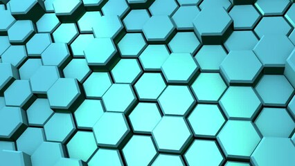 Poster - Light blue 3d dynamic hexagons. Rendering animation. Video background and screensaver.