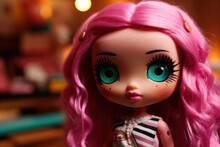 Cute Sad Doll With Big Blue Eyes And Red Hair Close Up. Sad Toy Doll