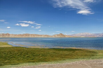 Poster - Scenic view of a tranquil body of water, surrounded by lush green vegetation on its shoreline