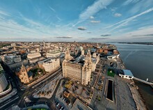 Aerial View Of Liverpool City Skyline At Sunset, The United Kingdom