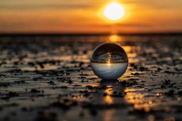 Glass ball reflecting the beautiful sunset on the shore of Wadden Sea, Germany