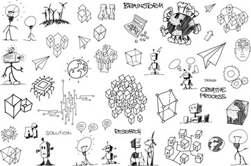 hand drawn architectural sketches of artificial intelligence topics and robots and future and scienc