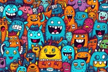 Kawaii Doodle Monsters, City, Cat, Robot For Child Coloring Books, Generative AI