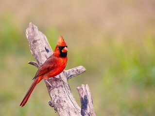 Poster - Vibrant red northern cardinal bird perched on a thin branch against a lush green grassy background