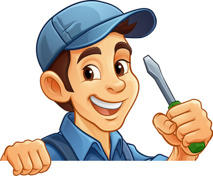 An electrician handyman or other construction cartoon mascot man holding a screwdriver tool.