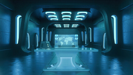 Wall Mural - fantasy futuristic space station science lab with computer screen on a desk. 3d rendering.