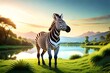 An adorable zebra standing amidst lush foliage in a vibrant jungle, with a serene lake glistening in the background