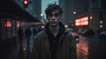 Canvas Print - A man standing in the rain on a city street. Generative AI image.