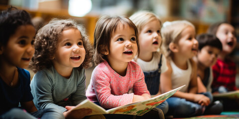 Kinder im Kindergarten haben Spaß und sind interessiert an Lesestunde, ai generativ