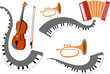 Musical instruments. Violin with bow, trumpet, accordion, piano. Can be used for t-shirt, emblem,  concert, music, school