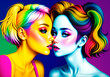 Pop art, lesbian girls loving each other kissing. The concept of LGBT. Generative AI.