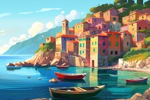 Illustration Of Small Coastal Village In The Italian , European , Generative AI