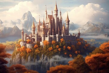 Illustration of fantasy art, fantasy world and castle , Generative AI