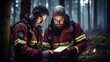 firefighter rescue team in forest planning on mission using laptop or tablet to calculate and communicate, Generative Ai 
