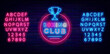 Boxing club neon label with winner cup. Power sport. Glowing sign on brick wall. Vector stock illustration