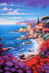 Wall Mural - a picture depicting a beach with some homes and flowers in it
