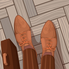 Top view of mans feet in leather shoes vector illustration. Cartoon legs of business person with briefcase, formal office outfit standing on floor tile, look down at pair of brown shoes of businessman