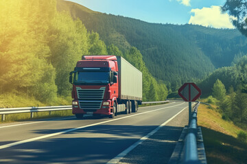 Truck with container on highway, cargo transportation concept.