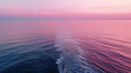Boat trail on the pink and blue ocean surface. Generative ai composite.